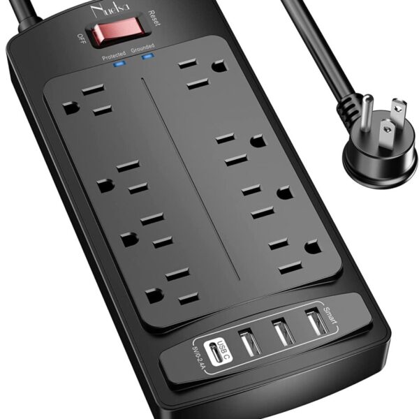 Surge Protector Power Strip - Nuetsa Flat Plug Extension Cord with 8 Outlets and 4 USB Ports, 6 Feet Power Cord (1625W/13A), 2700 Joules, ETL Listed, Black