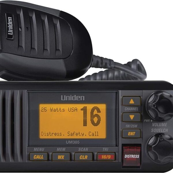 Uniden UM385BK 25 Watt Fixed Mount Marine Vhf Radio, Waterproof IPX4 W/ Triple Watch, Dsc, Emergency/Noaa Weather Alert, All Usa/International/Canadian Marine Channels, Memory Channel Scan, Black  Electronics